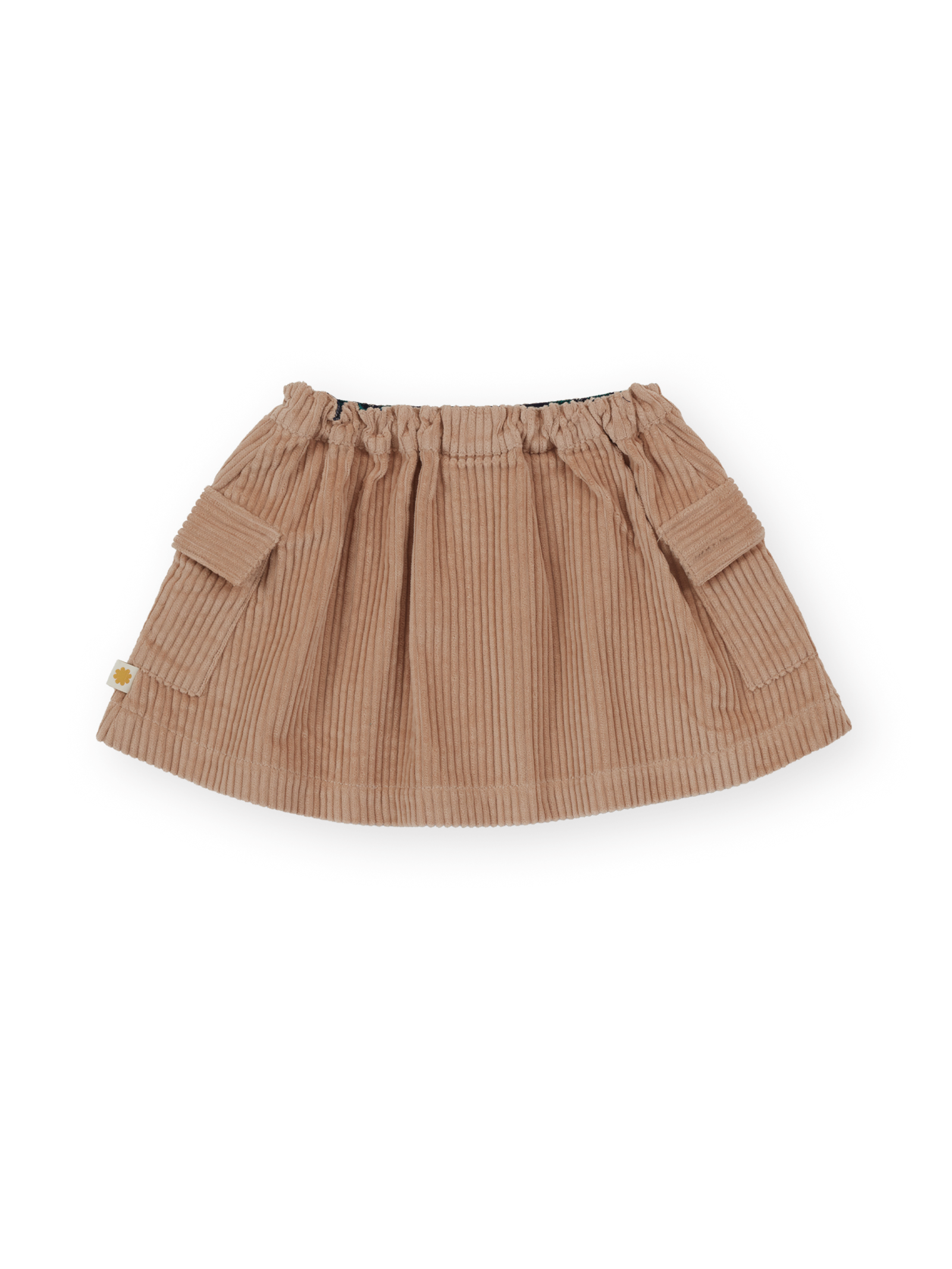 The Goldie + Ace Corduroy Pocket Skirt in Tan pictured on a transparent background. The material is 100% cotton. It is a skirt made for babies, toddlers and kids.