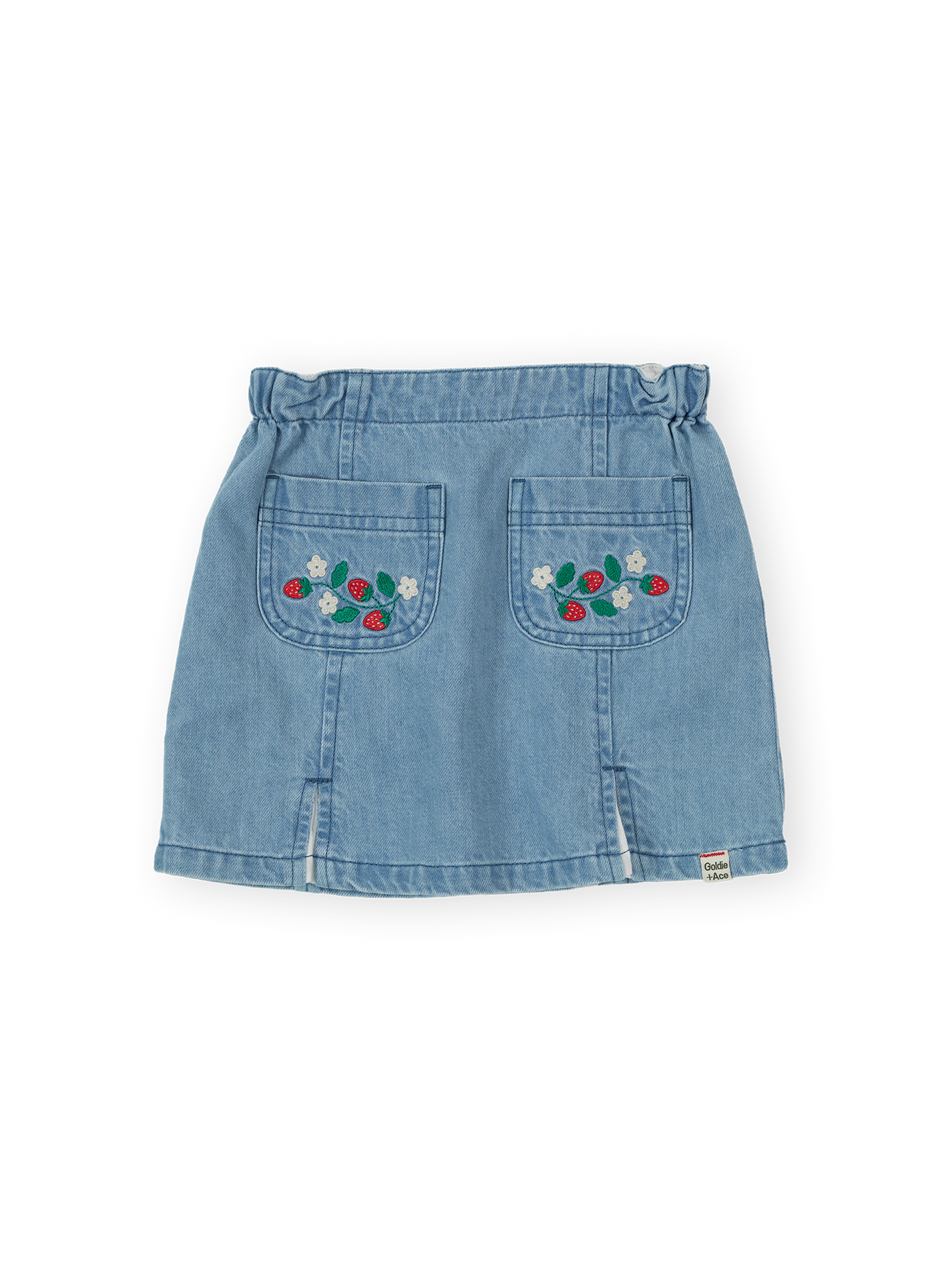 The Goldie + Ace Wild Strawberry Chambray Skirt in Vintage Blue pictured on a transparent background. The material is 100% cotton. It is a skirt made for babies, toddlers and kids.