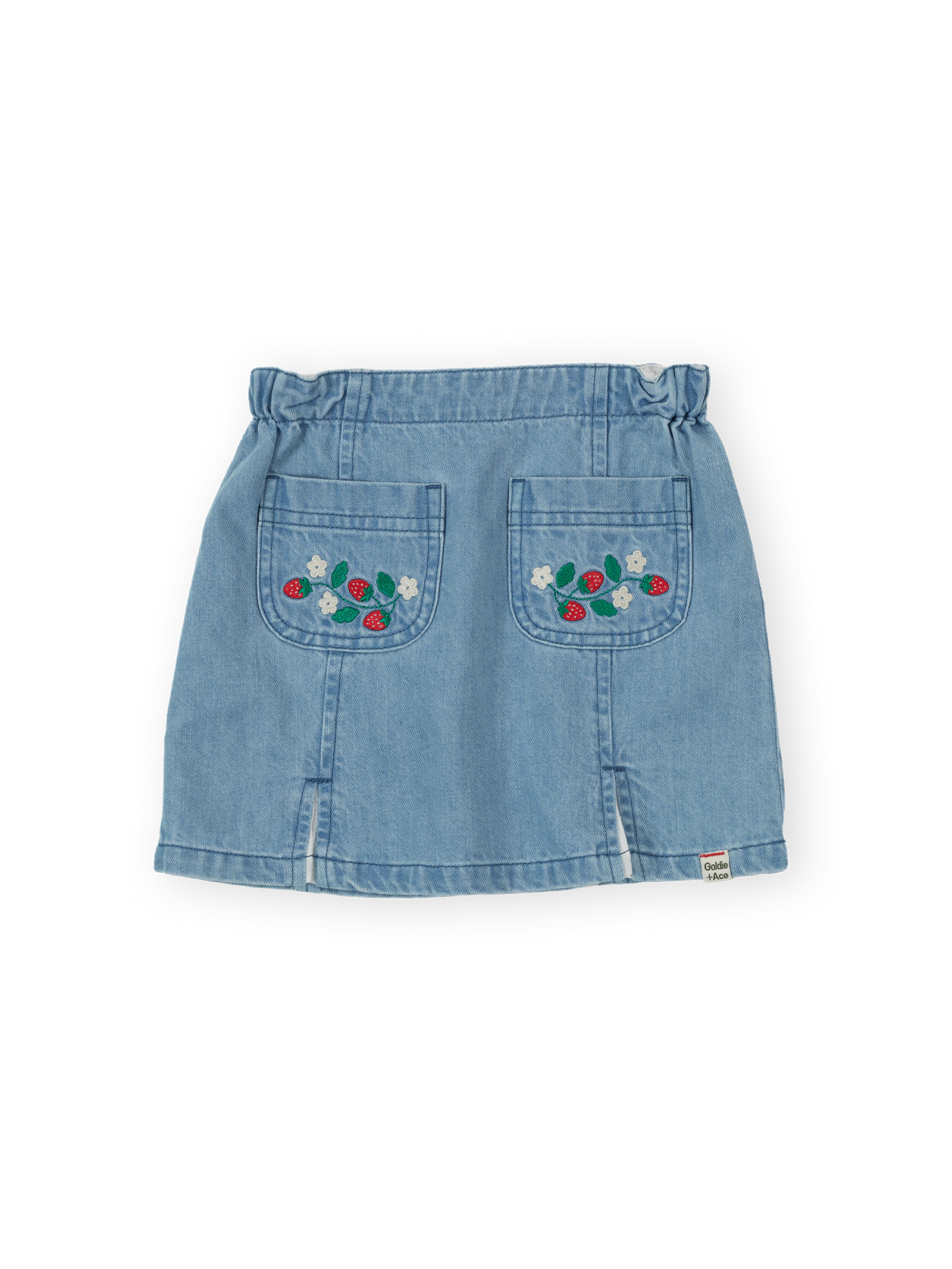 The Goldie + Ace Wild Strawberry Chambray Skirt in Vintage Blue pictured on a transparent background. The material is 100% cotton. It is a skirt made for babies, toddlers and kids.