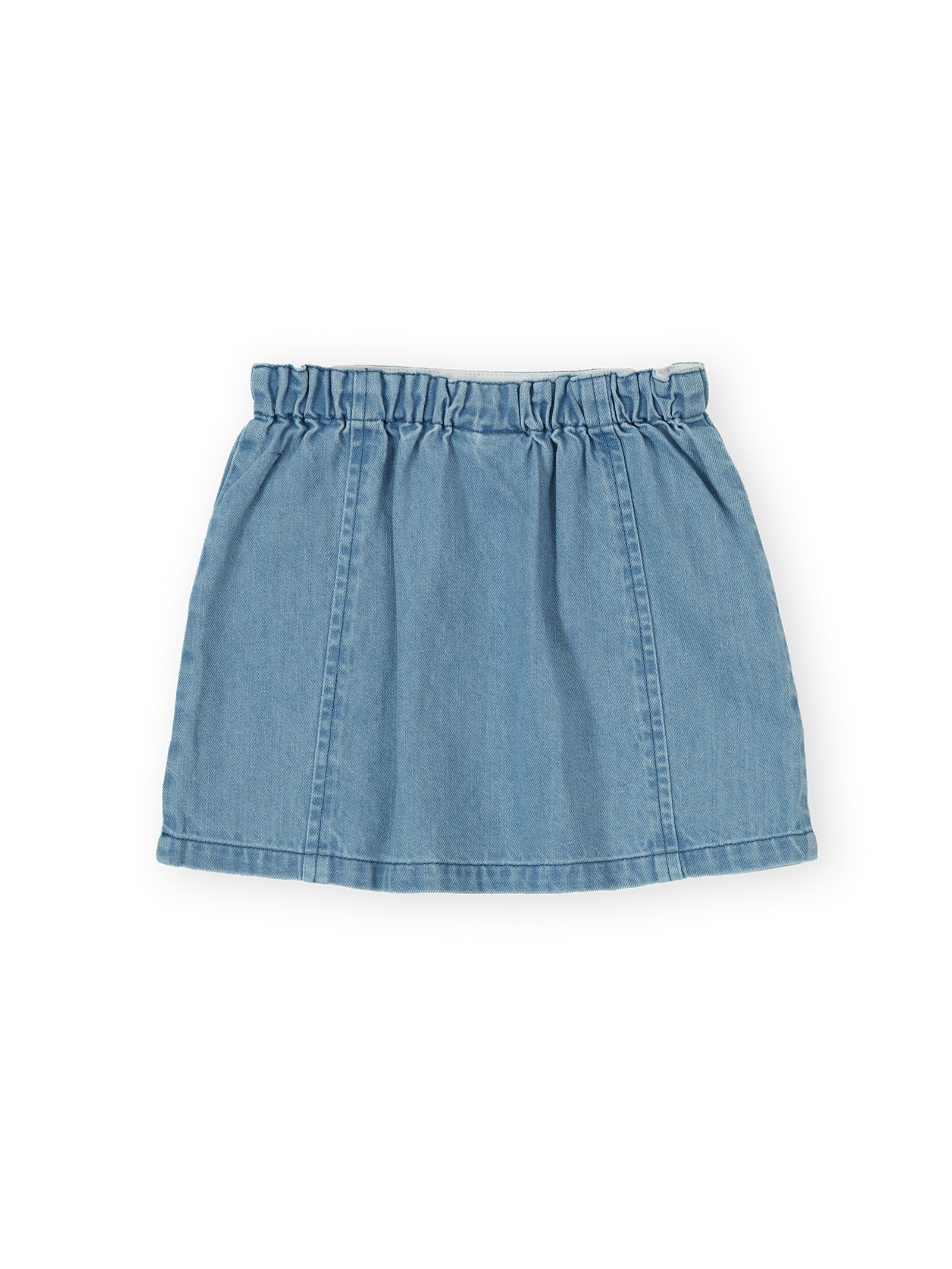 The Goldie + Ace Wild Strawberry Chambray Skirt in Vintage Blue pictured on a transparent background. The material is 100% cotton. It is a skirt made for babies, toddlers and kids.