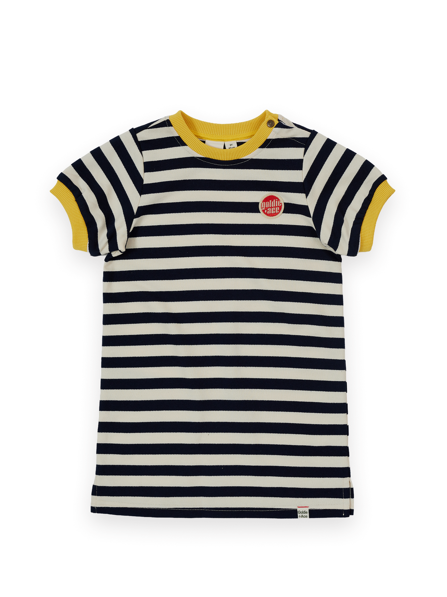 The Goldie + Ace Stripe T-Shirt Dress in Navy &amp; Antique White pictured on a transparent background. The material is 100% cotton. It is a dress made for babies, toddlers and kids.