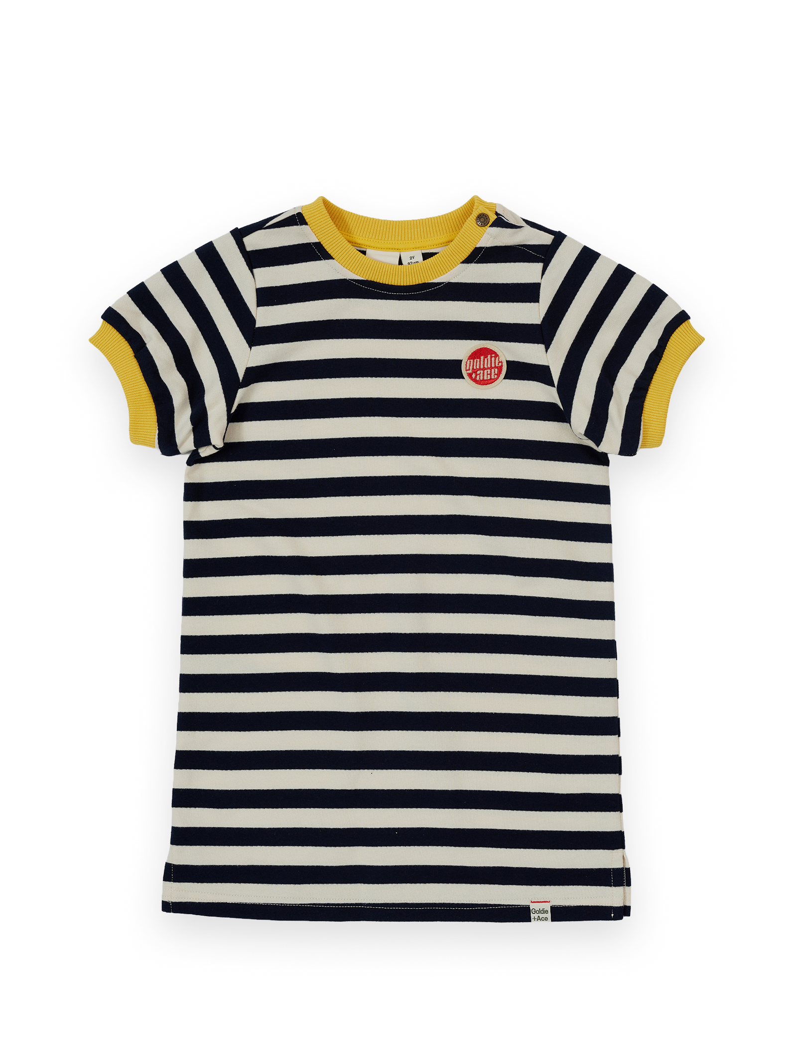 The Goldie + Ace Stripe T-Shirt Dress in Navy & Antique White pictured on a transparent background. The material is 100% cotton. It is a dress made for babies, toddlers and kids.