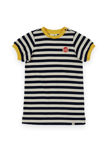 The Goldie + Ace Stripe T-Shirt Dress in Navy & Antique White pictured on a transparent background. The material is 100% cotton. It is a dress made for babies, toddlers and kids.