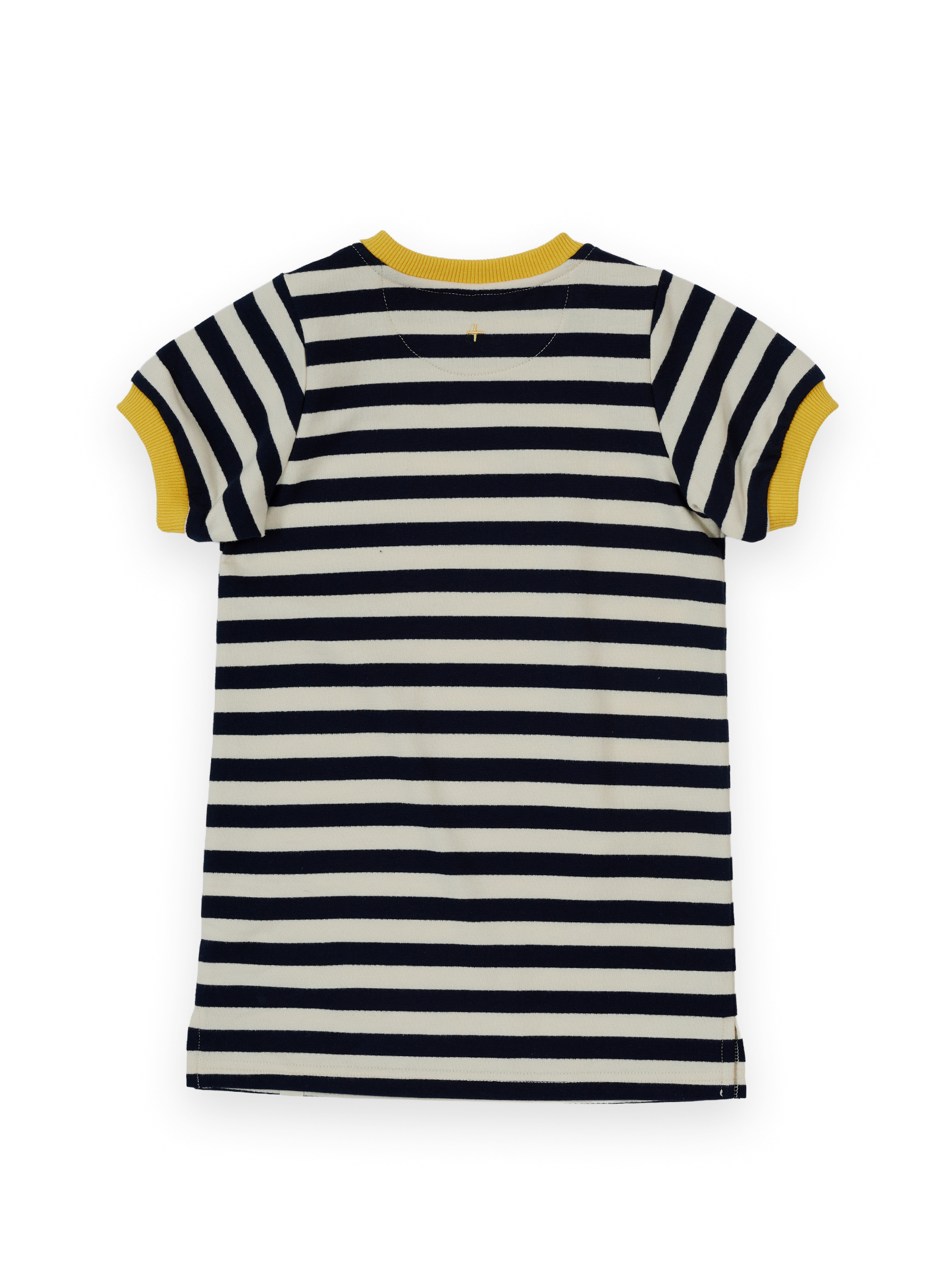 The Goldie + Ace Stripe Ringer T-Shirt Dress in Navy & Antique White pictured on a transparent background. The material is 100% cotton. It is a dress made for babies, toddlers and kids.