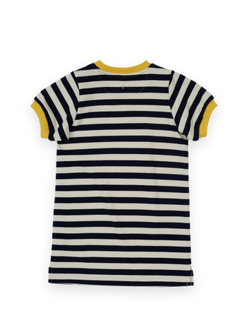 The Goldie + Ace Stripe Ringer T-Shirt Dress in Navy & Antique White pictured on a transparent background. The material is 100% cotton. It is a dress made for babies, toddlers and kids.