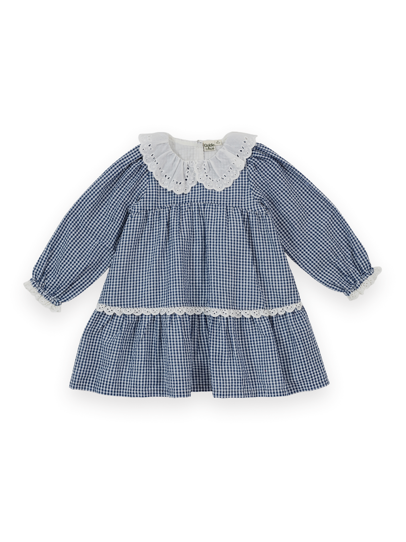 The Goldie + Ace Gingham Collared Dress in Navy pictured on a transparent background. The material is 100% cotton outer with 100% cotton lining. It is a dress made for babies, toddlers and kids.