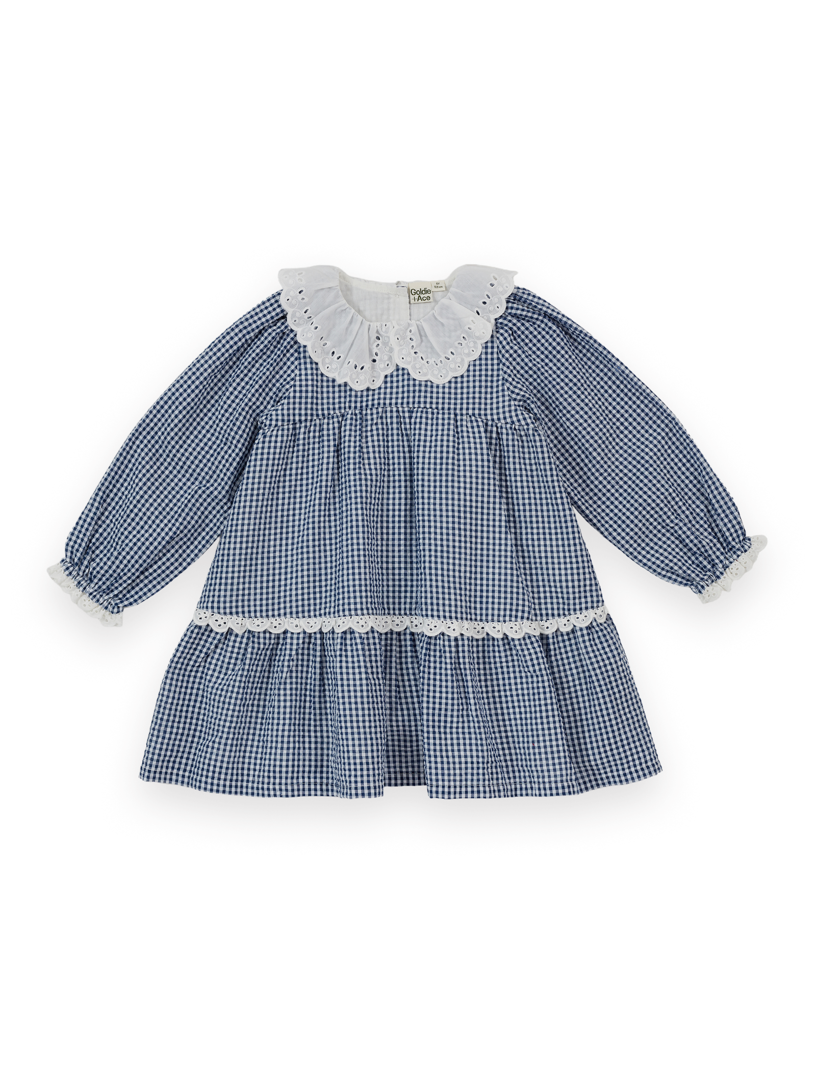 The Goldie + Ace Gingham Collared Dress in Navy pictured on a transparent background. The material is 100% cotton outer with 100% cotton lining. It is a dress made for babies, toddlers and kids.