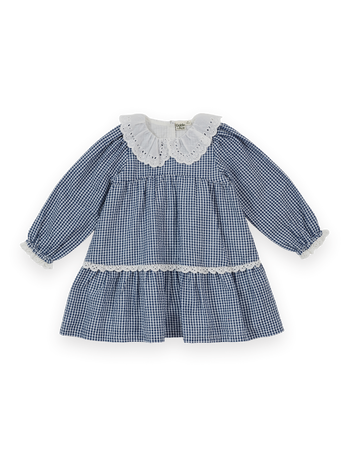 The Goldie + Ace Gingham Collared Dress in Navy pictured on a transparent background. The material is 100% cotton outer with 100% cotton lining. It is a dress made for babies, toddlers and kids.