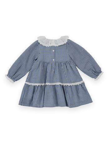 The Goldie + Ace Gingham Collared Dress in Navy pictured on a transparent background. The material is 100% cotton outer with 100% cotton lining. It is a dress made for babies, toddlers and kids.