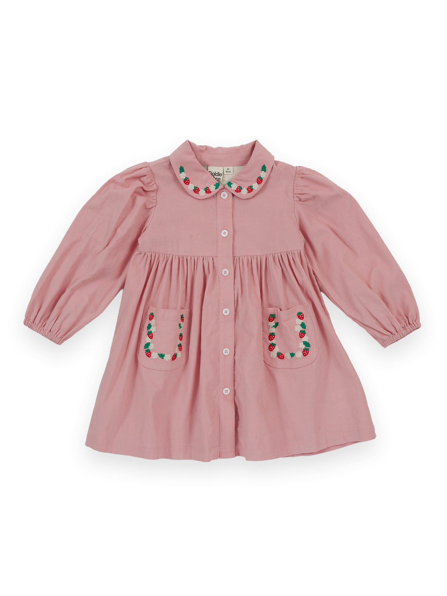 The Goldie + Ace Wild Strawberry Corduroy Collar Dress in Pink pictured on a transparent background. The material is 100% cotton, lining 100% cotton. It is a dress made for babies, toddlers and kids.