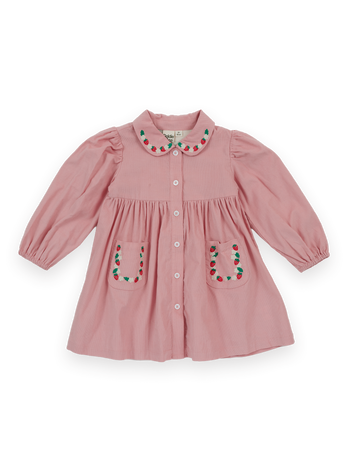 The Goldie + Ace Wild Strawberry Corduroy Collar Dress in Pink pictured on a transparent background. The material is 100% cotton, lining 100% cotton. It is a dress made for babies, toddlers and kids.