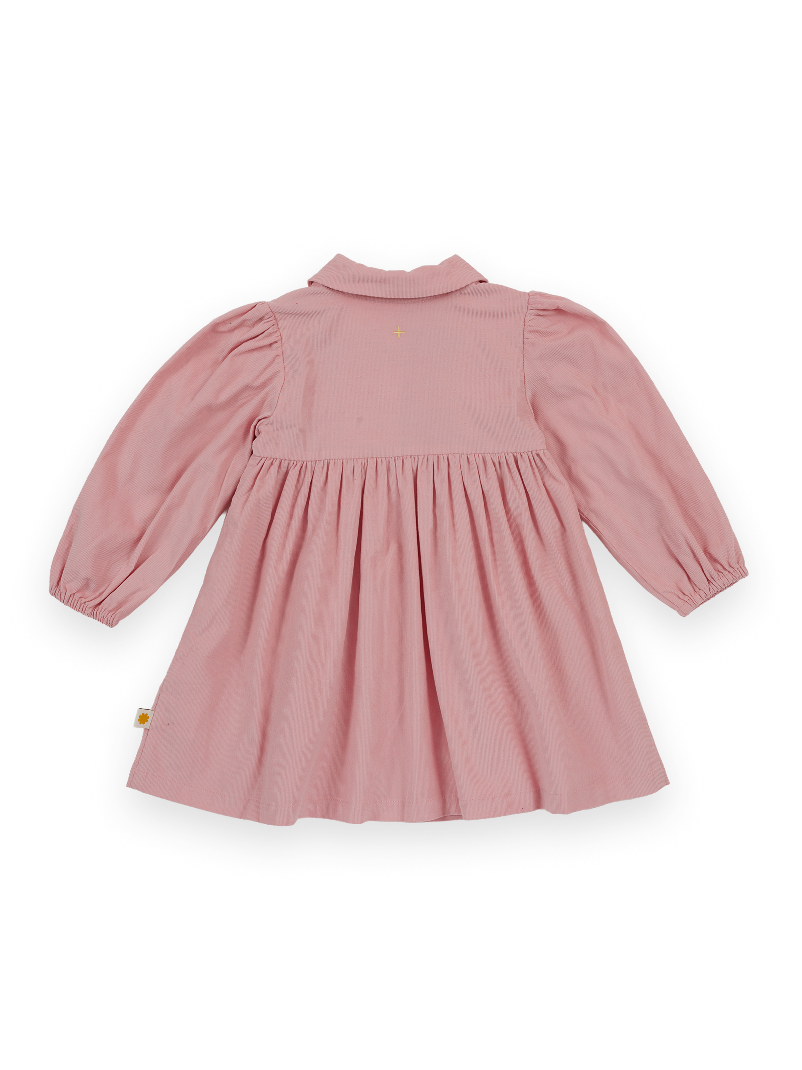The Goldie + Ace Wild Strawberry Corduroy Collar Dress in Pink pictured on a transparent background. The material is 100% cotton, lining 100% cotton. It is a dress made for babies, toddlers and kids.
