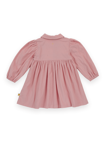 The Goldie + Ace Wild Strawberry Corduroy Collar Dress in Pink pictured on a transparent background. The material is 100% cotton, lining 100% cotton. It is a dress made for babies, toddlers and kids.