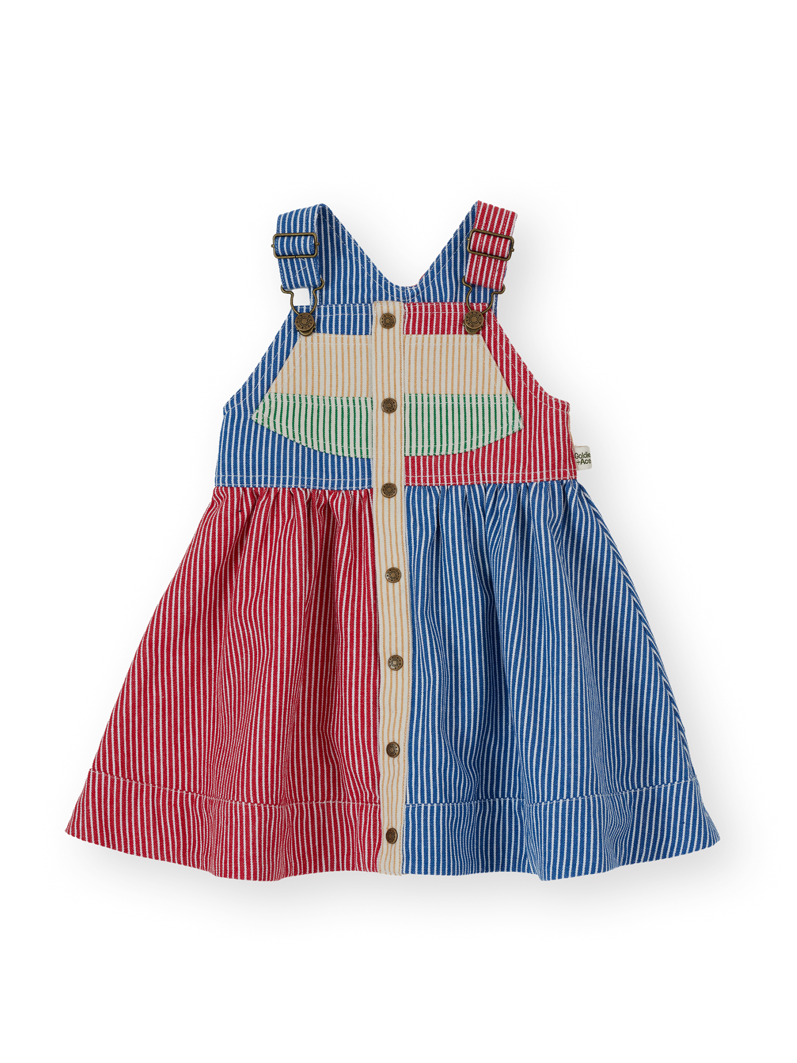 The Goldie + Ace Patchwork Stripe Heidi Pinafore Dress in Primary pictured on a transparent background. The material is 55% polyester 45% cotton. It is a dress made for babies, toddlers and kids.