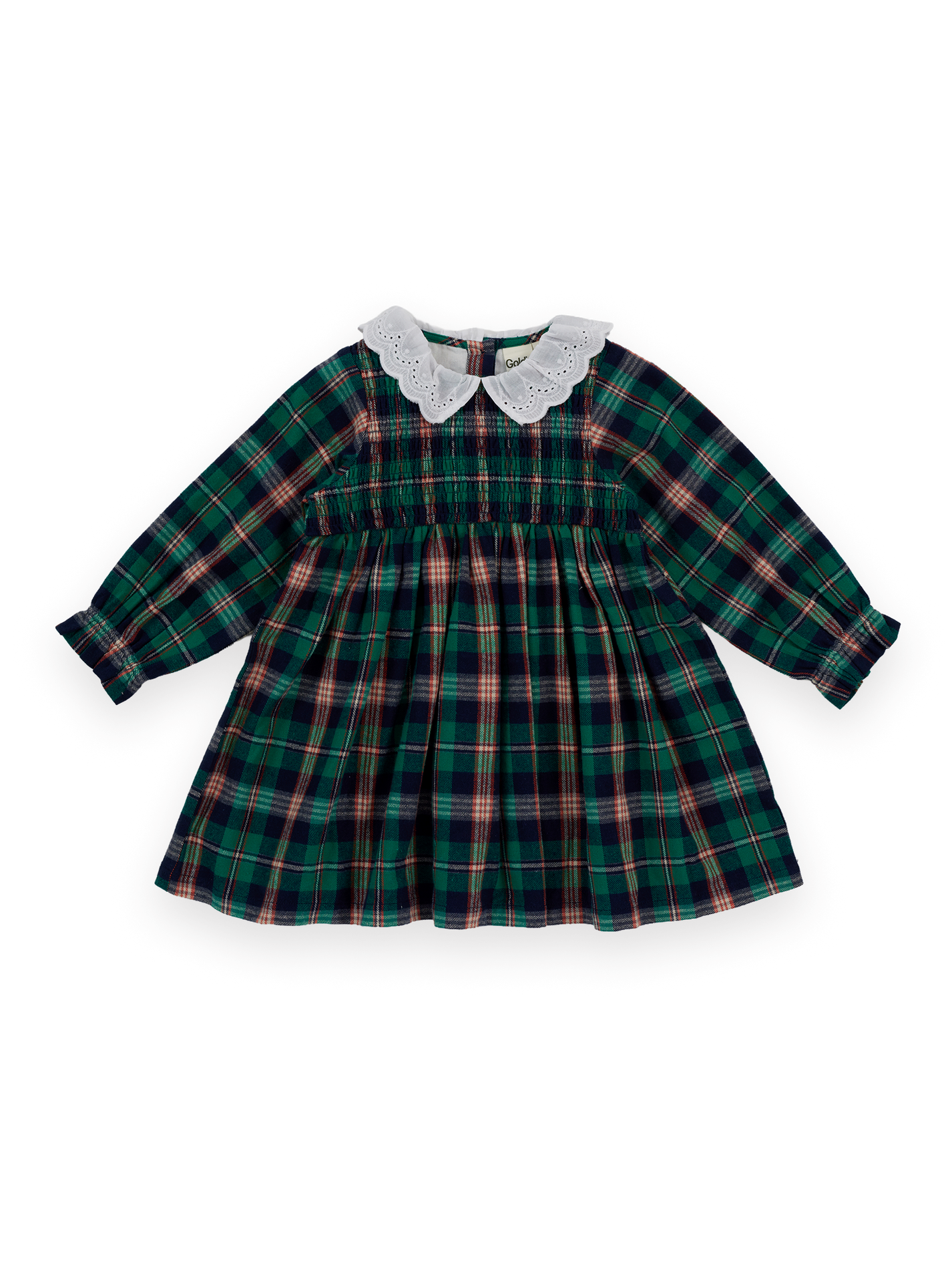 The Goldie + Ace Daphne Smocked Dress in Green Check pictured on a transparent background. The material is 100% cotton with 100% cotton lining. It is a dress made for babies, toddlers and kids.