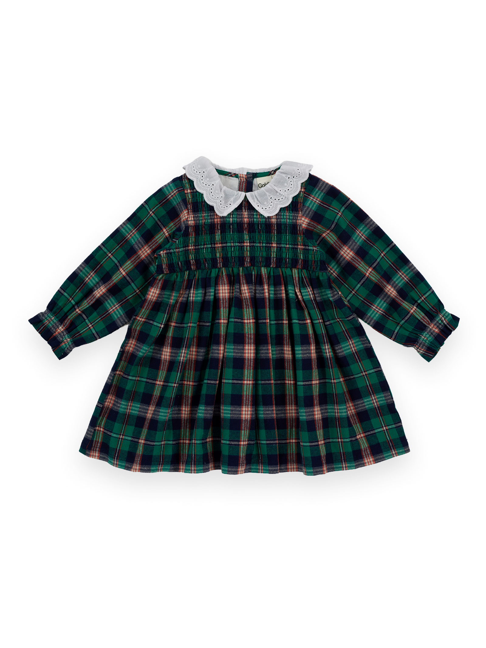 The Goldie + Ace Daphne Smocked Dress in Green Check pictured on a transparent background. The material is 100% cotton with 100% cotton lining. It is a dress made for babies, toddlers and kids.