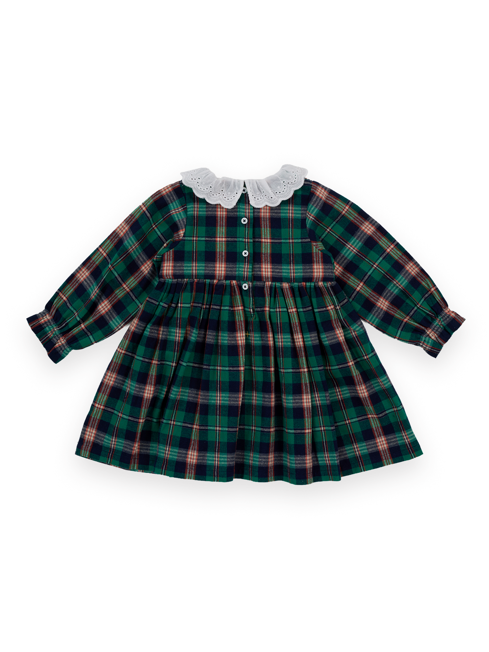 The Goldie + Ace Daphne Smocked Dress in Green Check pictured on a transparent background. The material is 100% cotton with 100% cotton lining. It is a dress made for babies, toddlers and kids.