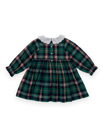 The Goldie + Ace Daphne Smocked Dress in Green Check pictured on a transparent background. The material is 100% cotton with 100% cotton lining. It is a dress made for babies, toddlers and kids.