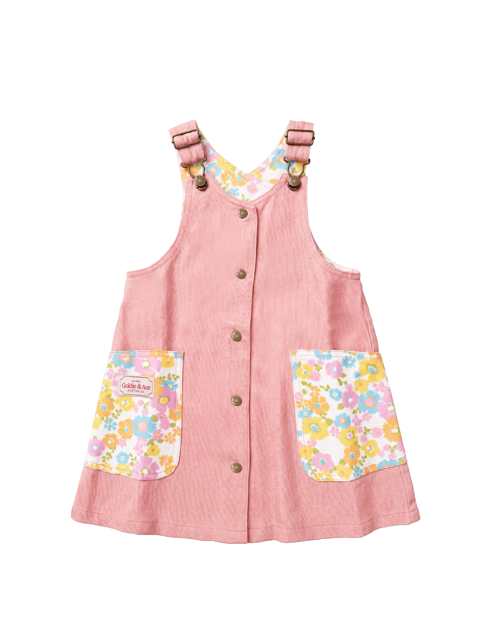 The Goldie + Ace Polly Pinafore Dress Sunset in Sunset pictured on a transparent background. The material is 100% cotton. It is a dress made for babies, toddlers and kids.