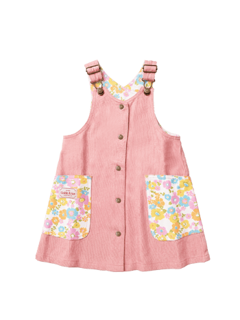 The Goldie + Ace Polly Pinafore Dress Sunset in Sunset pictured on a transparent background. The material is 100% cotton. It is a dress made for babies, toddlers and kids.