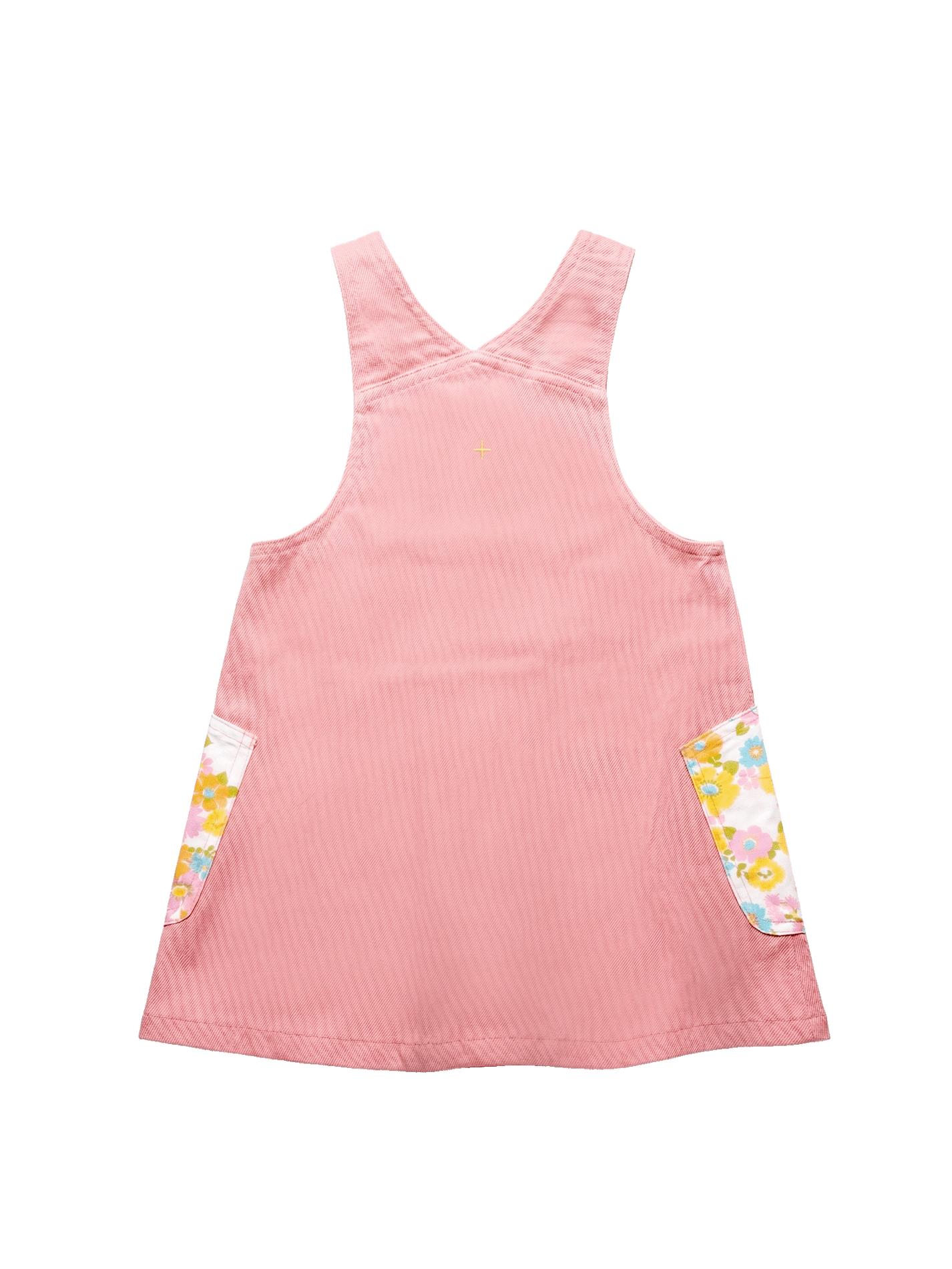 The Goldie + Ace Polly Pinafore Dress Sunset in Sunset pictured on a transparent background. The material is 100% cotton. It is a dress made for babies, toddlers and kids.