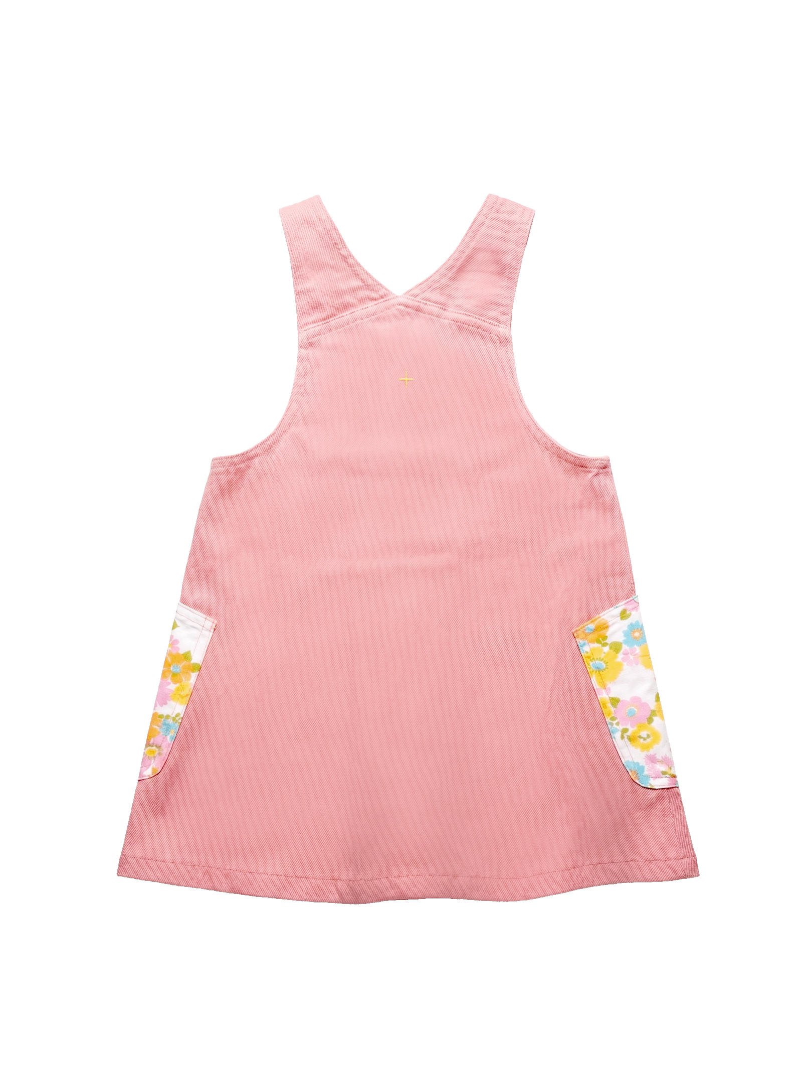 The Goldie + Ace Polly Pinafore Dress Sunset in Sunset pictured on a transparent background. The material is 100% cotton. It is a dress made for babies, toddlers and kids.