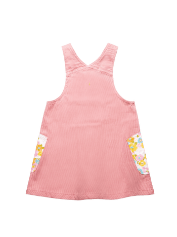 The Goldie + Ace Polly Pinafore Dress Sunset in Sunset pictured on a transparent background. The material is 100% cotton. It is a dress made for babies, toddlers and kids.