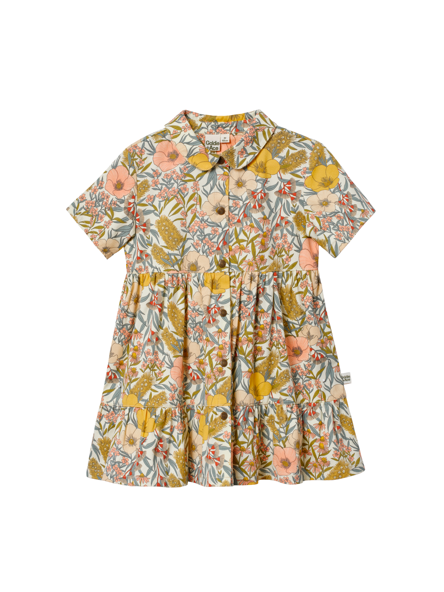 The Goldie + Ace Monica Dress Vintage Floral in Pink Multi pictured on a transparent background. The material is 100% cotton. It is a dress made for babies, toddlers and kids.