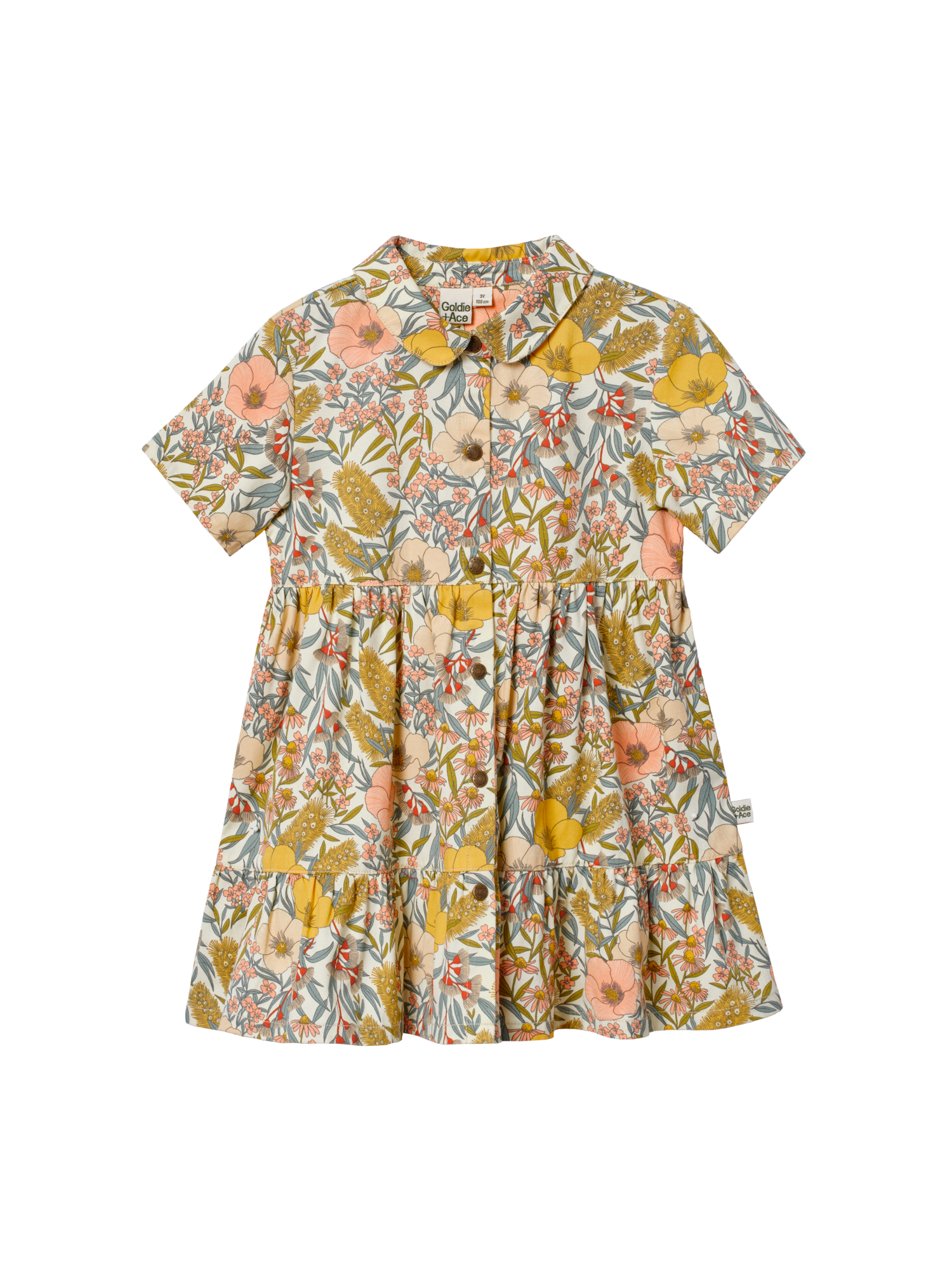 The Goldie + Ace Monica Dress Vintage Floral in Pink Multi pictured on a transparent background. The material is 100% cotton. It is a dress made for babies, toddlers and kids.