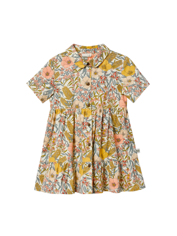 The Goldie + Ace Monica Dress Vintage Floral in Pink Multi pictured on a transparent background. The material is 100% cotton. It is a dress made for babies, toddlers and kids.