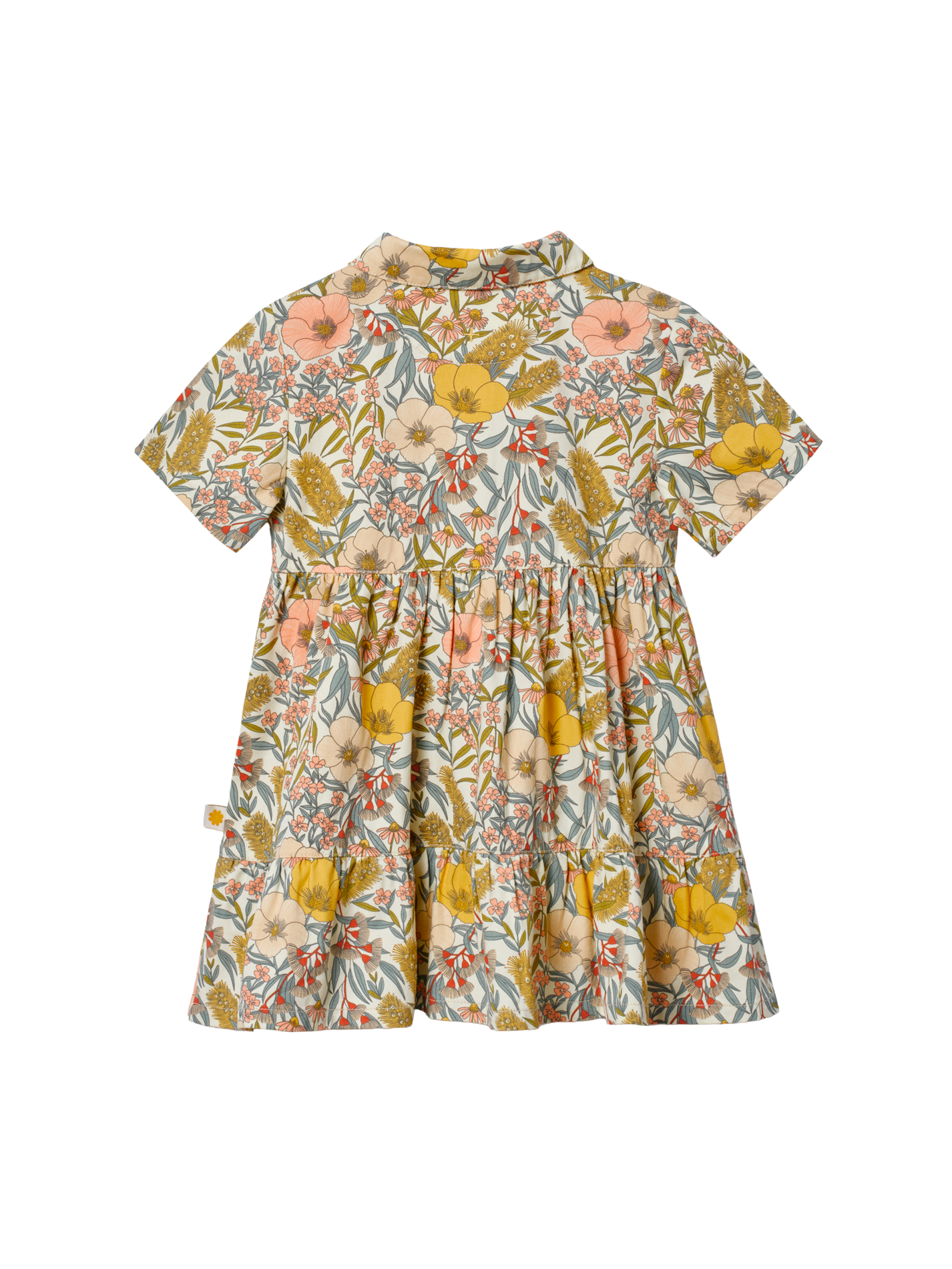 The Goldie + Ace Monica Dress Vintage Floral in Pink Multi pictured on a transparent background. The material is 100% cotton. It is a dress made for babies, toddlers and kids.