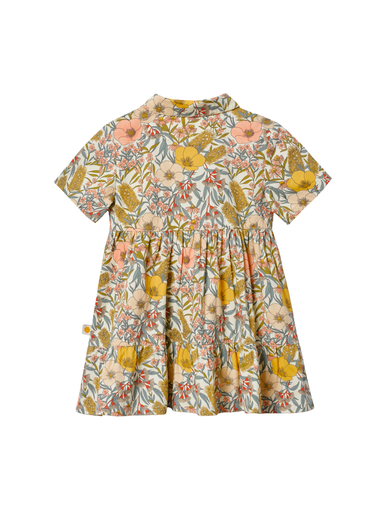The Goldie + Ace Monica Dress Vintage Floral in Pink Multi pictured on a transparent background. The material is 100% cotton. It is a dress made for babies, toddlers and kids.
