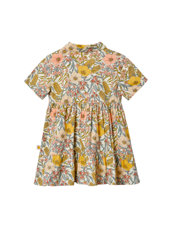 The Goldie + Ace Monica Dress Vintage Floral in Pink Multi pictured on a transparent background. The material is 100% cotton. It is a dress made for babies, toddlers and kids.