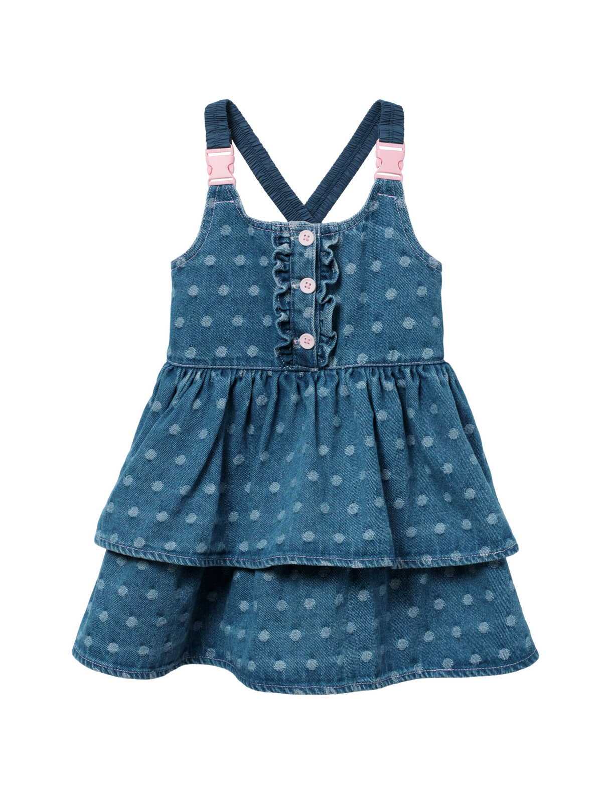 Spotty Denim Clip Strap Pinafore Dress