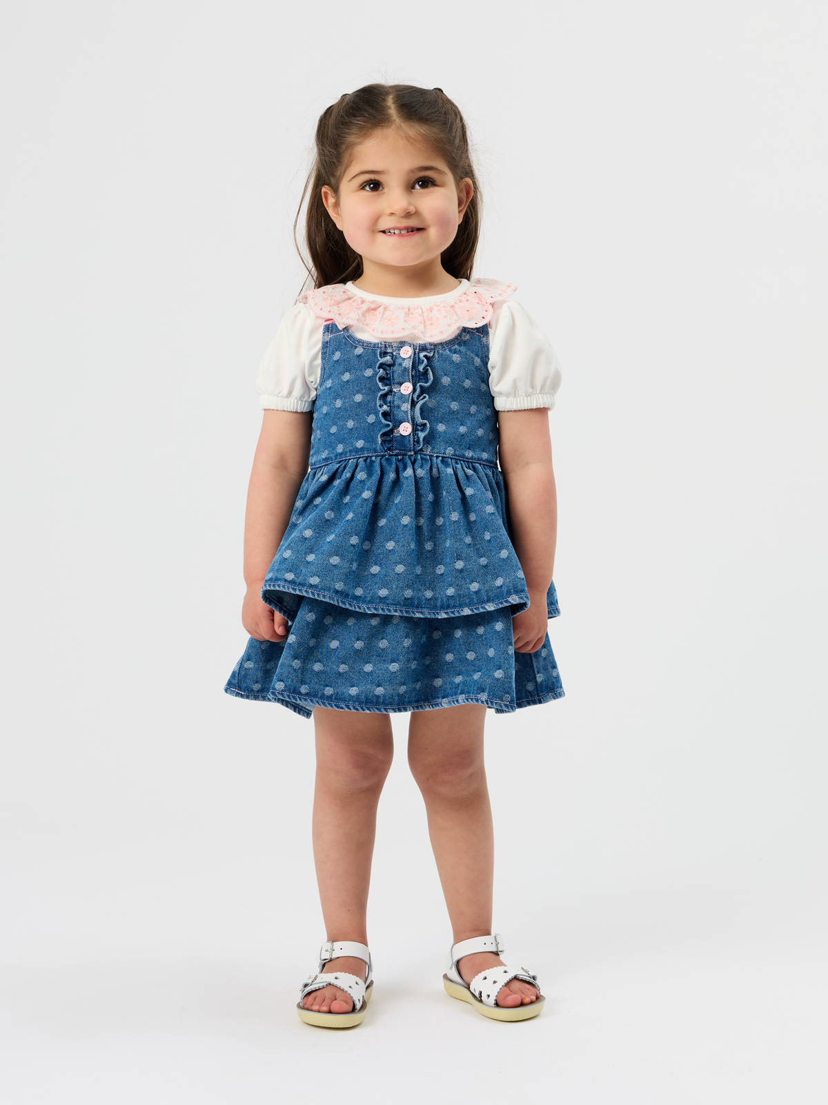 Spotty Denim Clip Strap Pinafore Dress