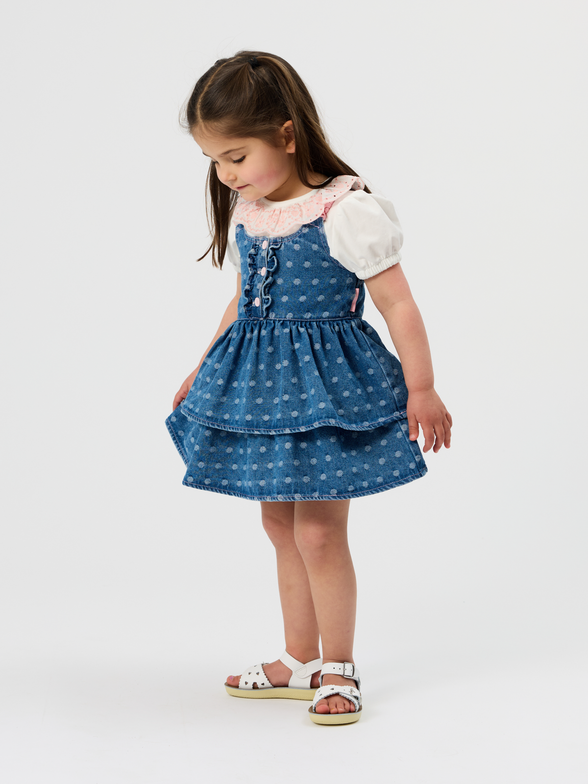 Spotty Denim Clip Strap Pinafore Dress