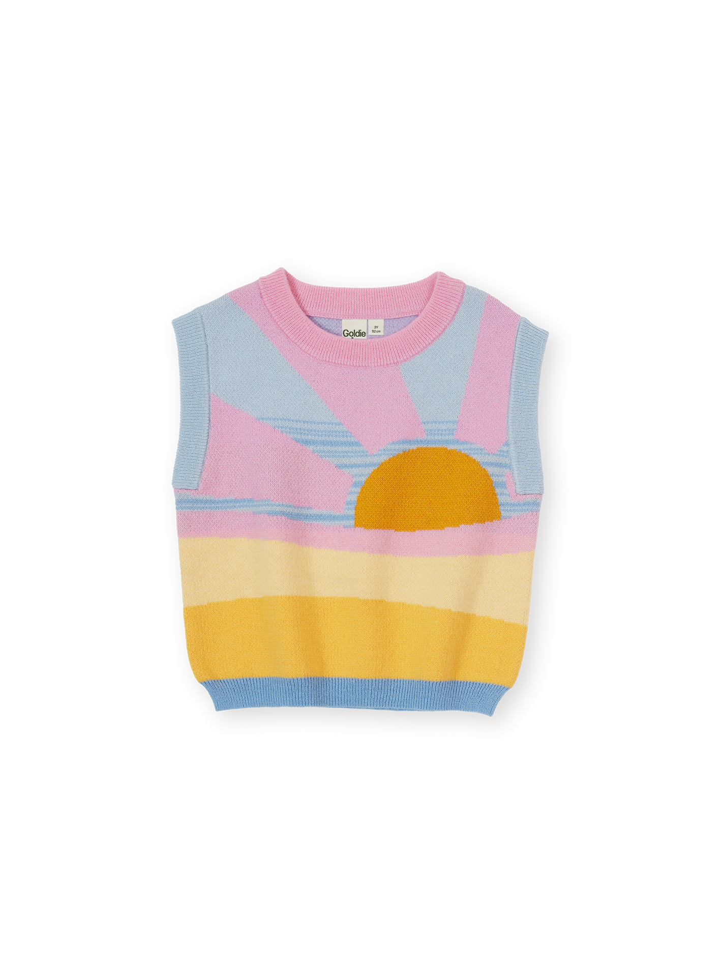 The Goldie + Ace Sunrise Knit Vest in Pink &amp; Yellow pictured on a transparent background. The material is 15% wool, 47% acrylic, 43% nylon. It is a knit made for babies, toddlers and kids.