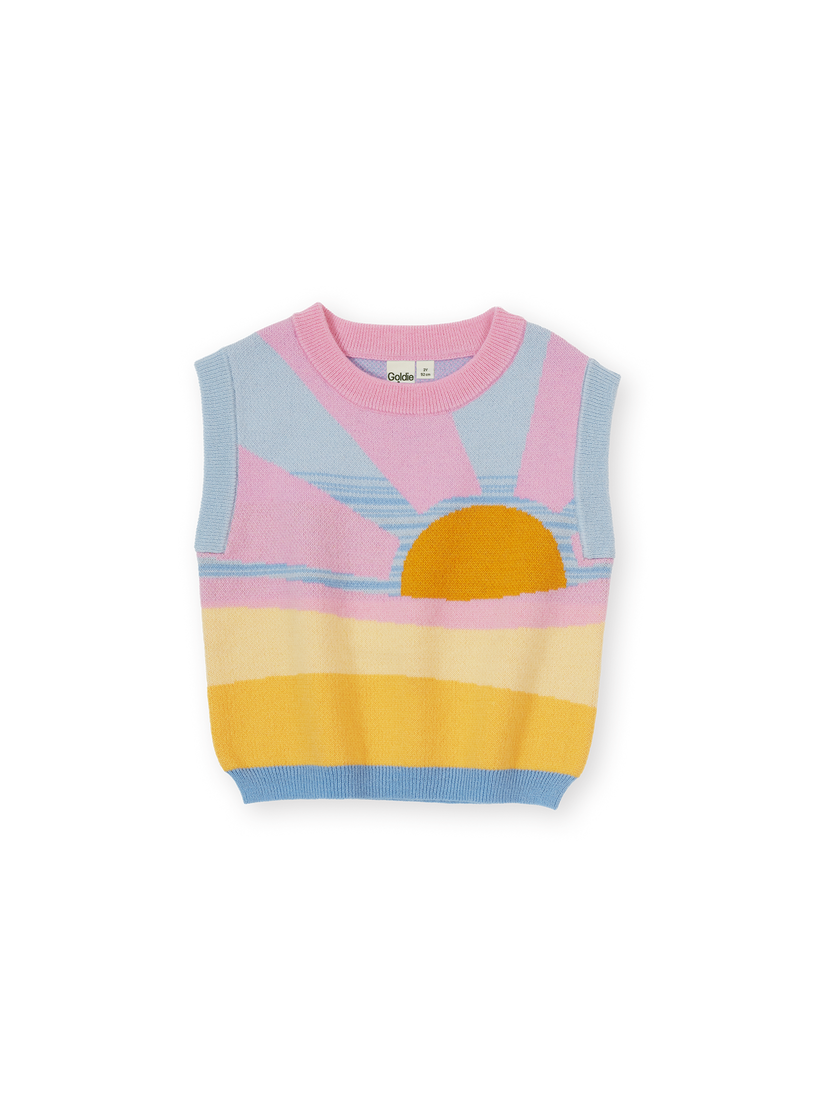 The Goldie + Ace Sunrise Knit Vest in Pink & Yellow pictured on a transparent background. The material is 15% wool, 47% acrylic, 43% nylon. It is a knit made for babies, toddlers and kids.