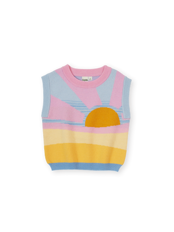 The Goldie + Ace Sunrise Knit Vest in Pink & Yellow pictured on a transparent background. The material is 15% wool, 47% acrylic, 43% nylon. It is a knit made for babies, toddlers and kids.