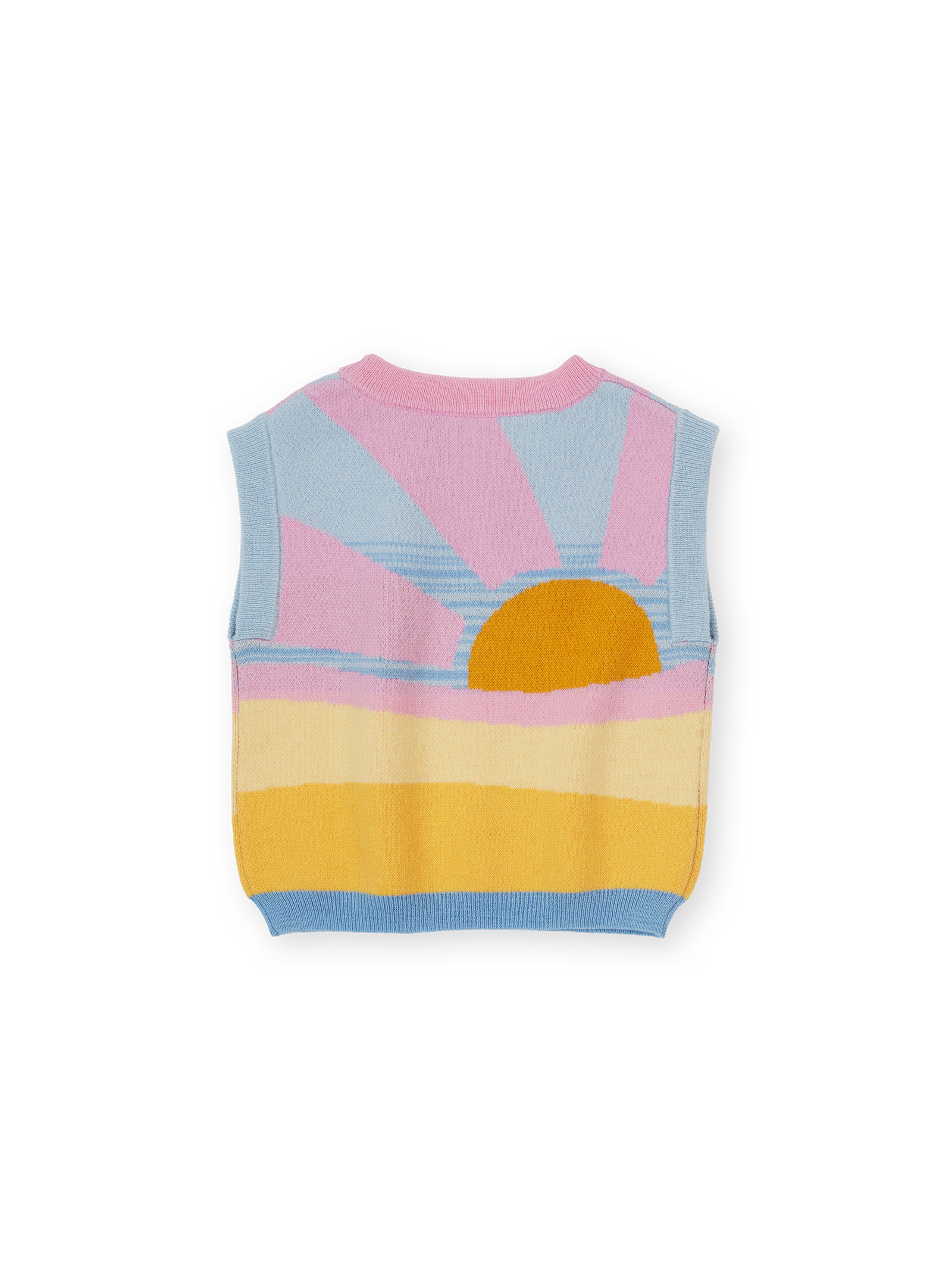 The Goldie + Ace Sunrise Knit Vest in Pink & Yellow pictured on a transparent background. The material is 15% wool, 47% acrylic, 43% nylon. It is a knit made for babies, toddlers and kids.