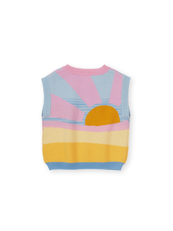 The Goldie + Ace Sunrise Knit Vest in Pink & Yellow pictured on a transparent background. The material is 15% wool, 47% acrylic, 43% nylon. It is a knit made for babies, toddlers and kids.