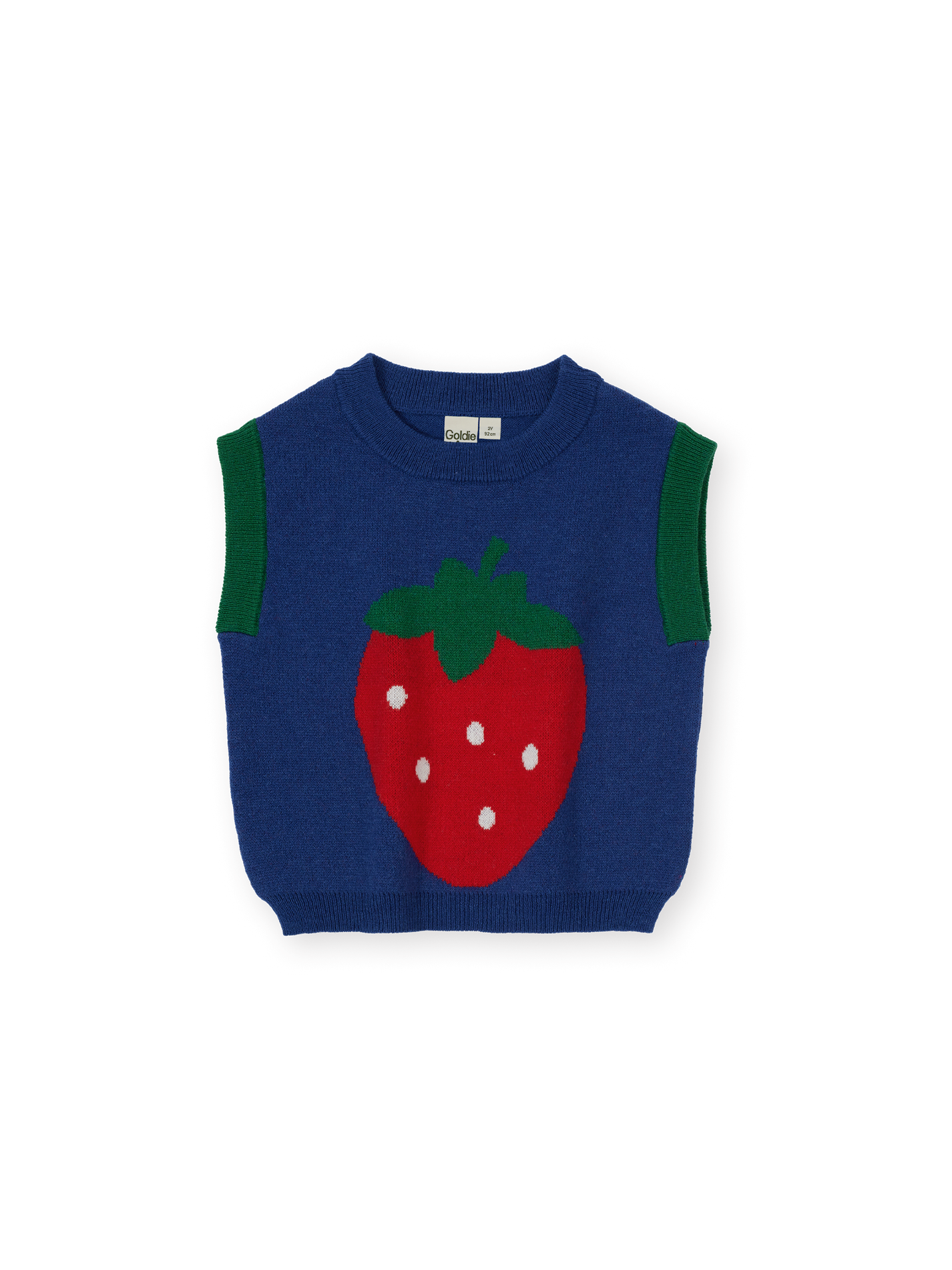 The Goldie + Ace Jumbo Strawberry Knit Vest in Classic Blue pictured on a transparent background. The material is 15% wool, 47% acrylic, 43% nylon. It is a knit made for babies, toddlers and kids.