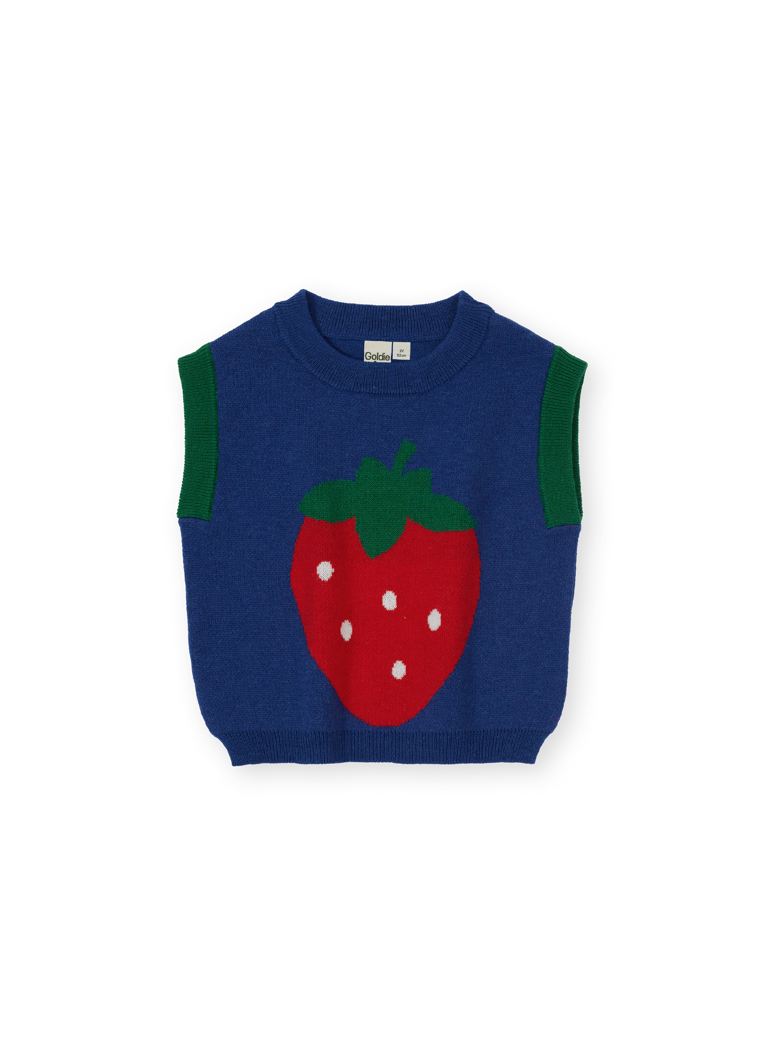 The Goldie + Ace Jumbo Strawberry Knit Vest in Classic Blue pictured on a transparent background. The material is 15% wool, 47% acrylic, 43% nylon. It is a knit made for babies, toddlers and kids.