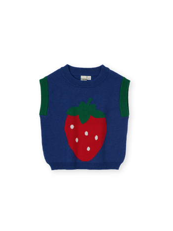 The Goldie + Ace Jumbo Strawberry Knit Vest in Classic Blue pictured on a transparent background. The material is 15% wool, 47% acrylic, 43% nylon. It is a knit made for babies, toddlers and kids.