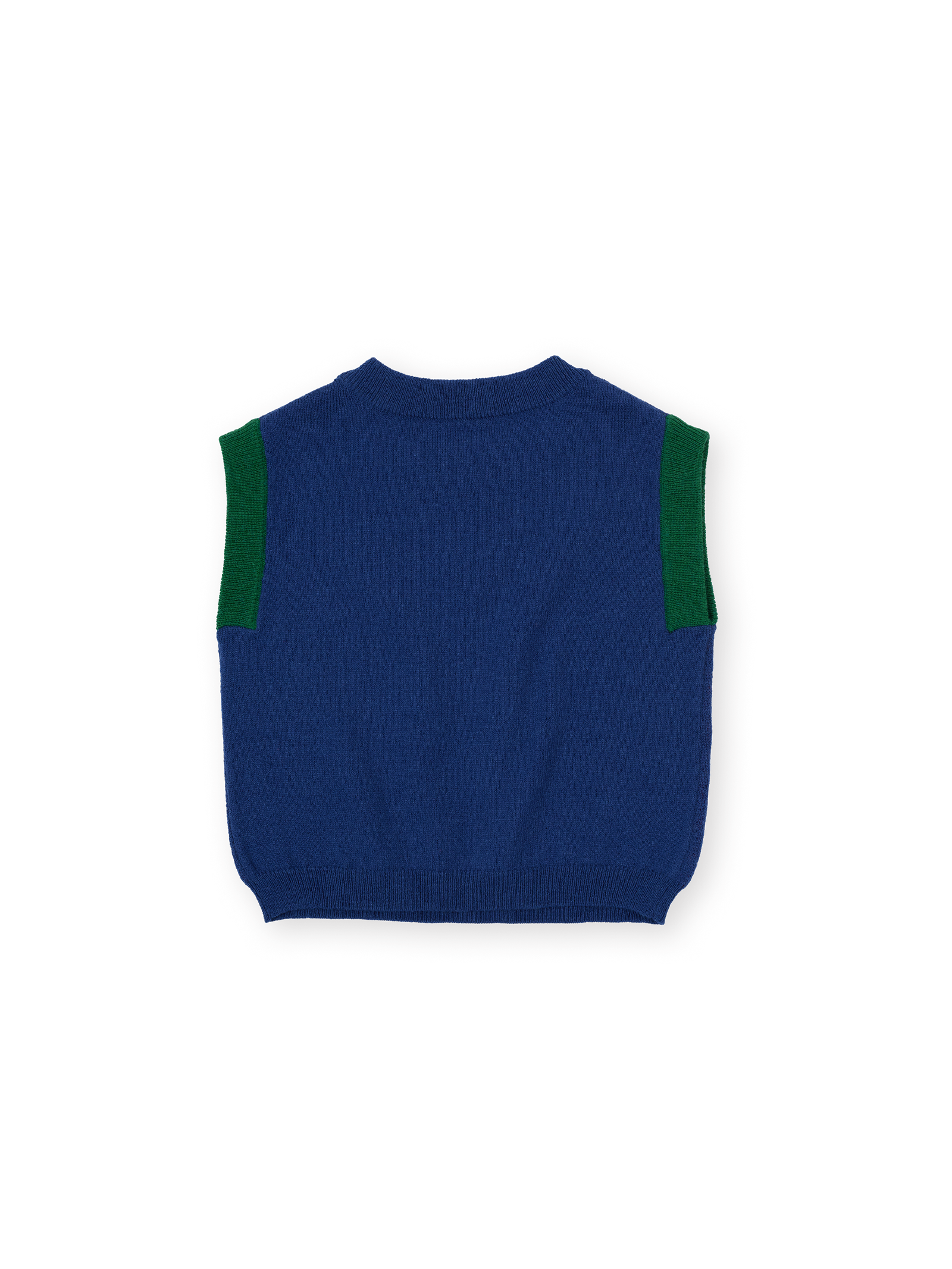 The Goldie + Ace Jumbo Strawberry Knit Vest in Classic Blue pictured on a transparent background. The material is 15% wool, 47% acrylic, 43% nylon. It is a knit made for babies, toddlers and kids.