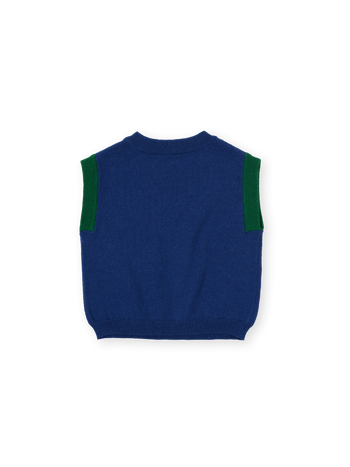 The Goldie + Ace Jumbo Strawberry Knit Vest in Classic Blue pictured on a transparent background. The material is 15% wool, 47% acrylic, 43% nylon. It is a knit made for babies, toddlers and kids.