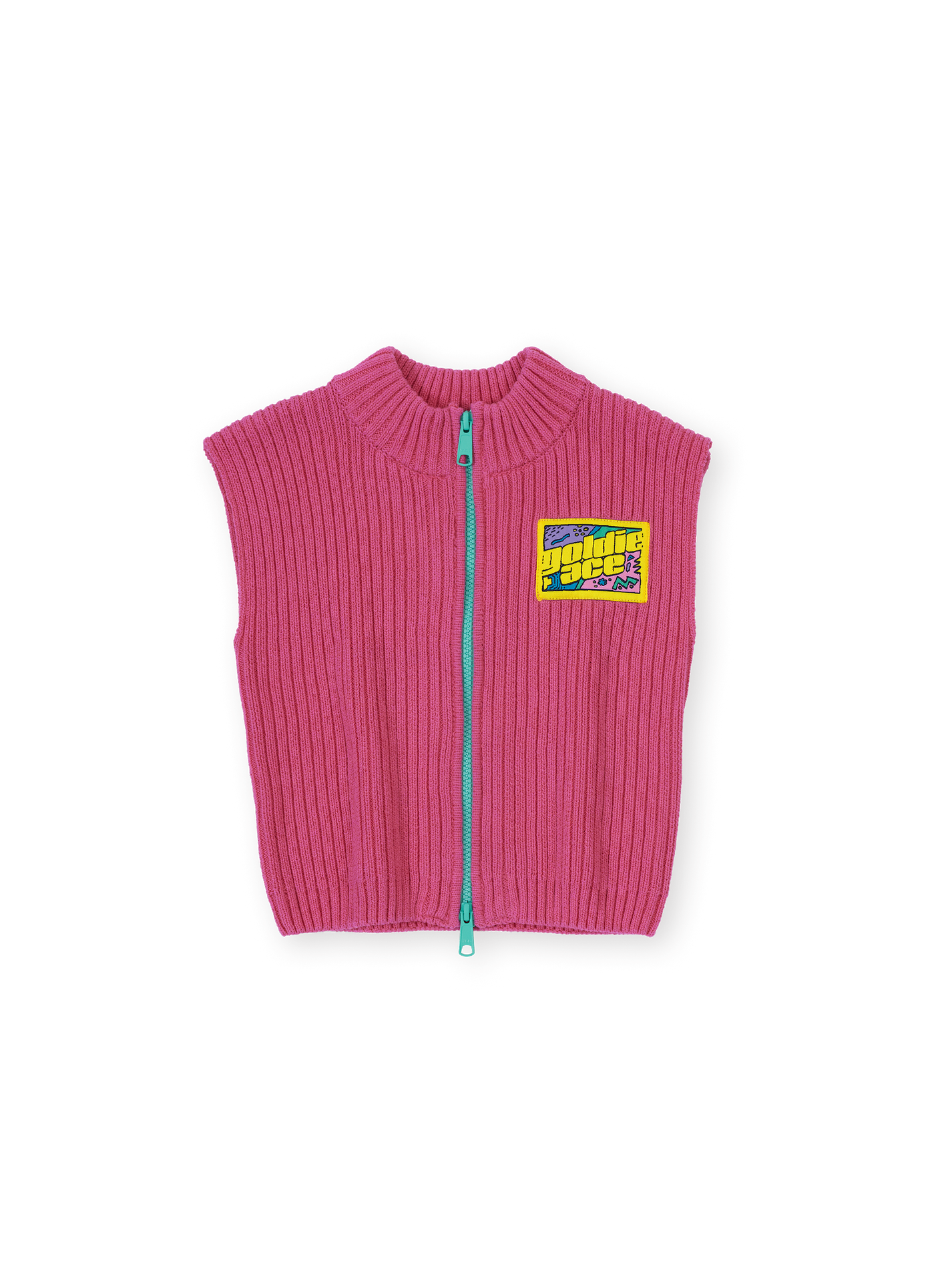 The Goldie + Ace Apres Surf Rib Knit Vest in Pink pictured on a transparent background. The material is 100% cotton. It is a knit made for babies, toddlers and kids.