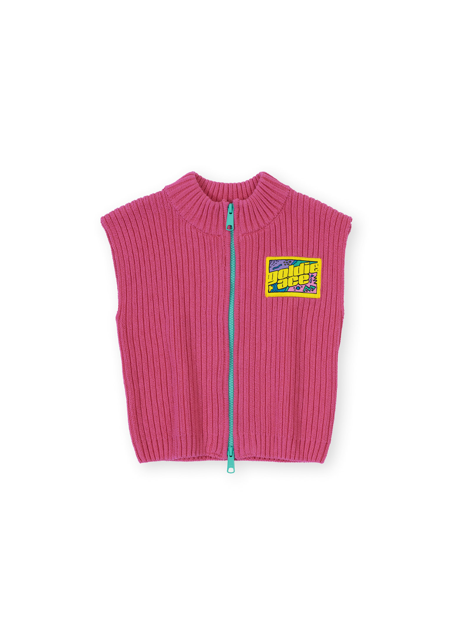 The Goldie + Ace Apres Surf Rib Knit Vest in Pink pictured on a transparent background. The material is 100% cotton. It is a knit made for babies, toddlers and kids.