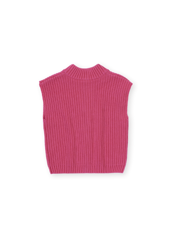 The Goldie + Ace Apres Surf Rib Knit Vest in Pink pictured on a transparent background. The material is 100% cotton. It is a knit made for babies, toddlers and kids.