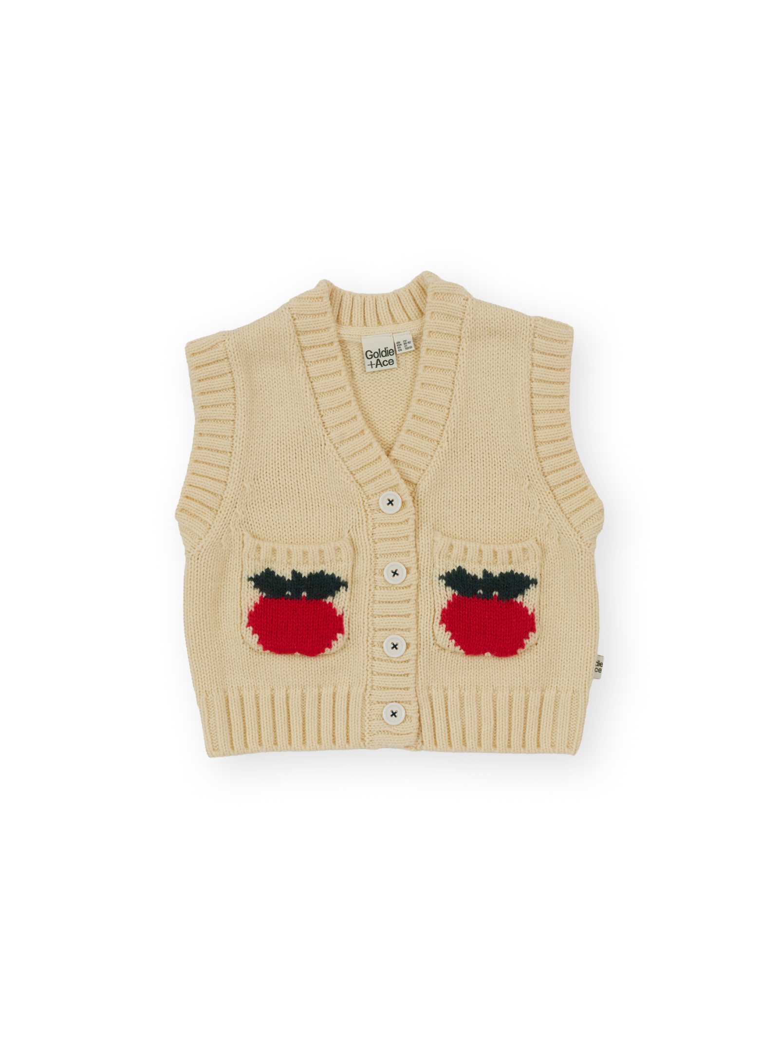 The Goldie + Ace Apple Pocket Knit Vest in Cream pictured on a transparent background. The material is 15%wool 15%nylon 70%acrylic. It is a knit made for babies, toddlers and kids.